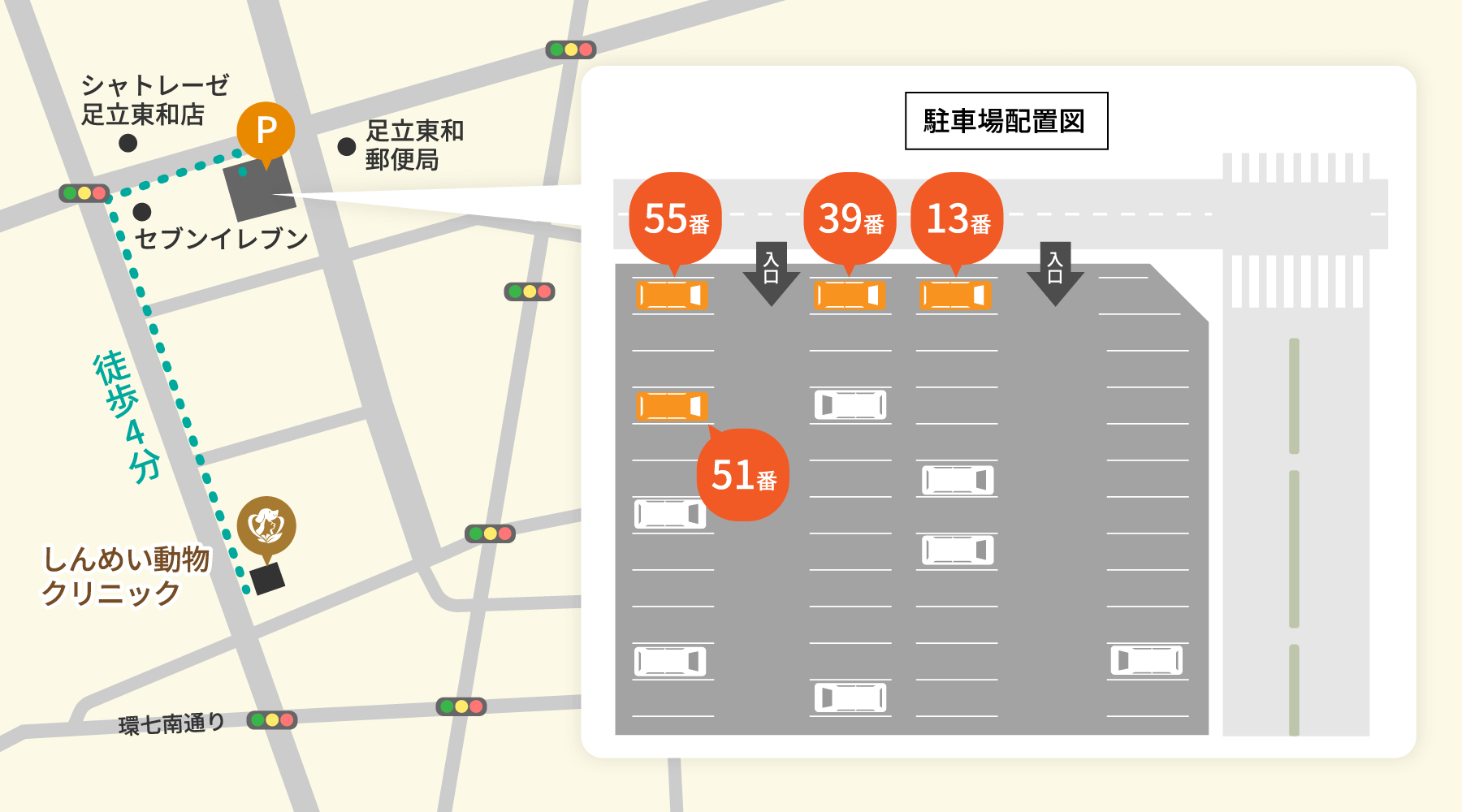 駐車場から当院まで徒歩4分