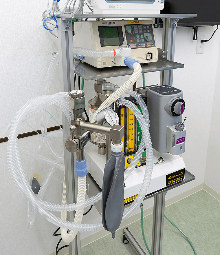 麻酔器（写真下部）、人口呼吸器（写真上部）